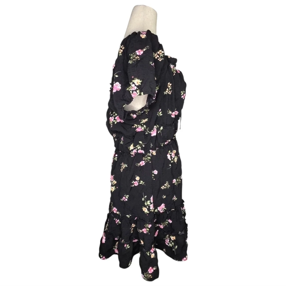 Arula Black Floral Puff Sleeve Tiered Mini Dress Size X Plus Size - Picture 5 of 7